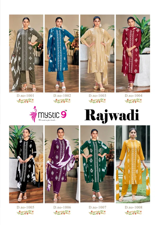 Rajwadi Vol 1 By Mystic 9 Rayon Embroidery Kurti With Bottom Dupatta Wholesale Shop In Surat
